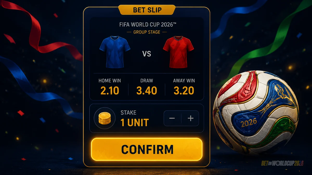Slip pertaruhan bergaya dengan barisan perlawanan Piala Dunia, odds perpuluhan dan unit taruhan